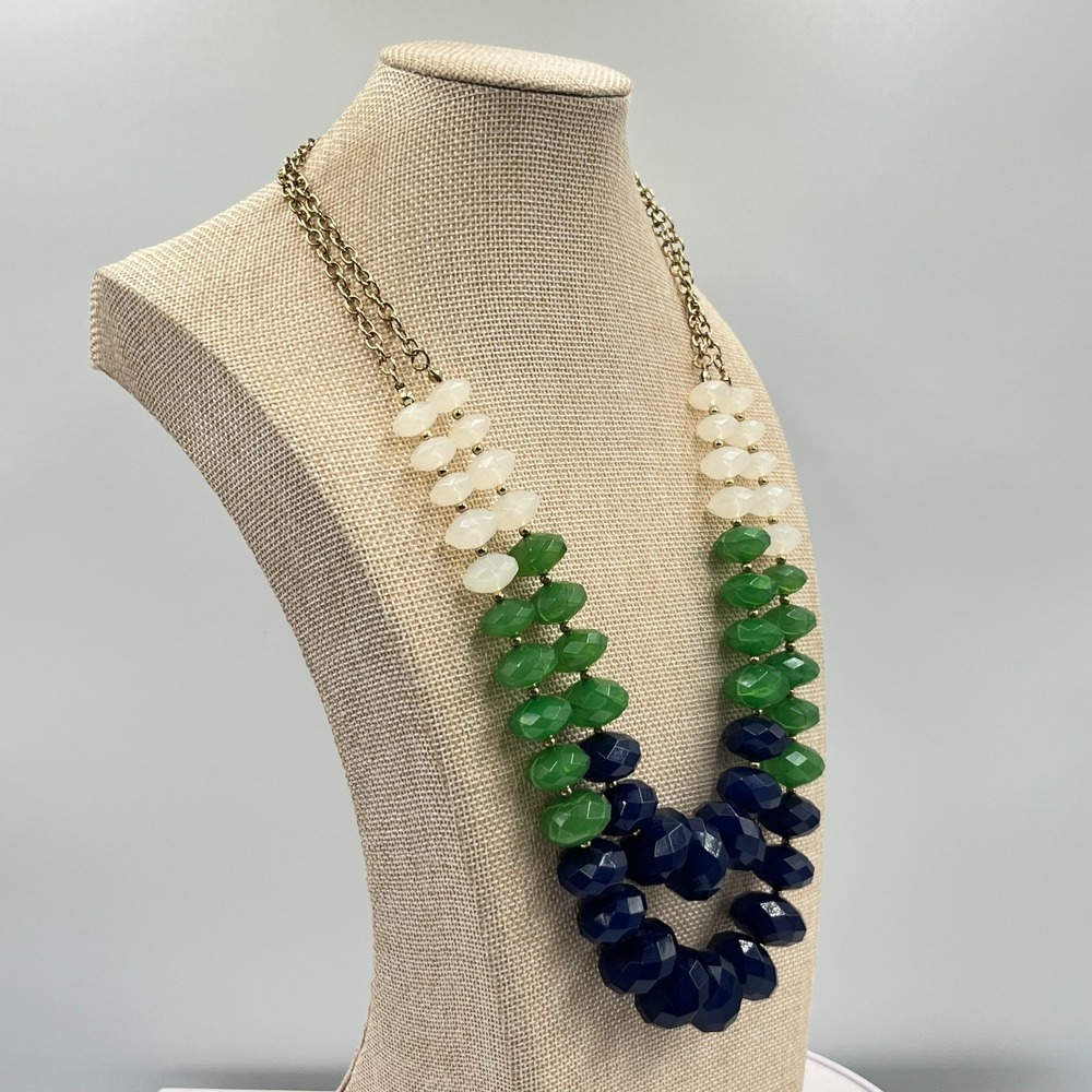 Vintage Retro Multi-Strand Beaded Statement Necklace Green Navy White Gold Tone - Picture 10 of 13